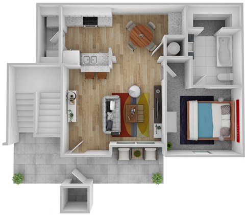 a stylized floor plan of a house with a bedroom and a living room